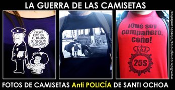 Algunas de las camisetas que denuncian actuaciones policiales. (vía twitter @arteyanarquia)